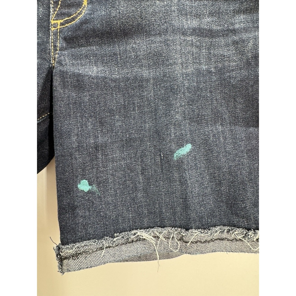 Dark Wash Pull On Denim Shorts Frayed Raw Hem Bermuda Indigo Boho Distressed - Picture 3 of 6